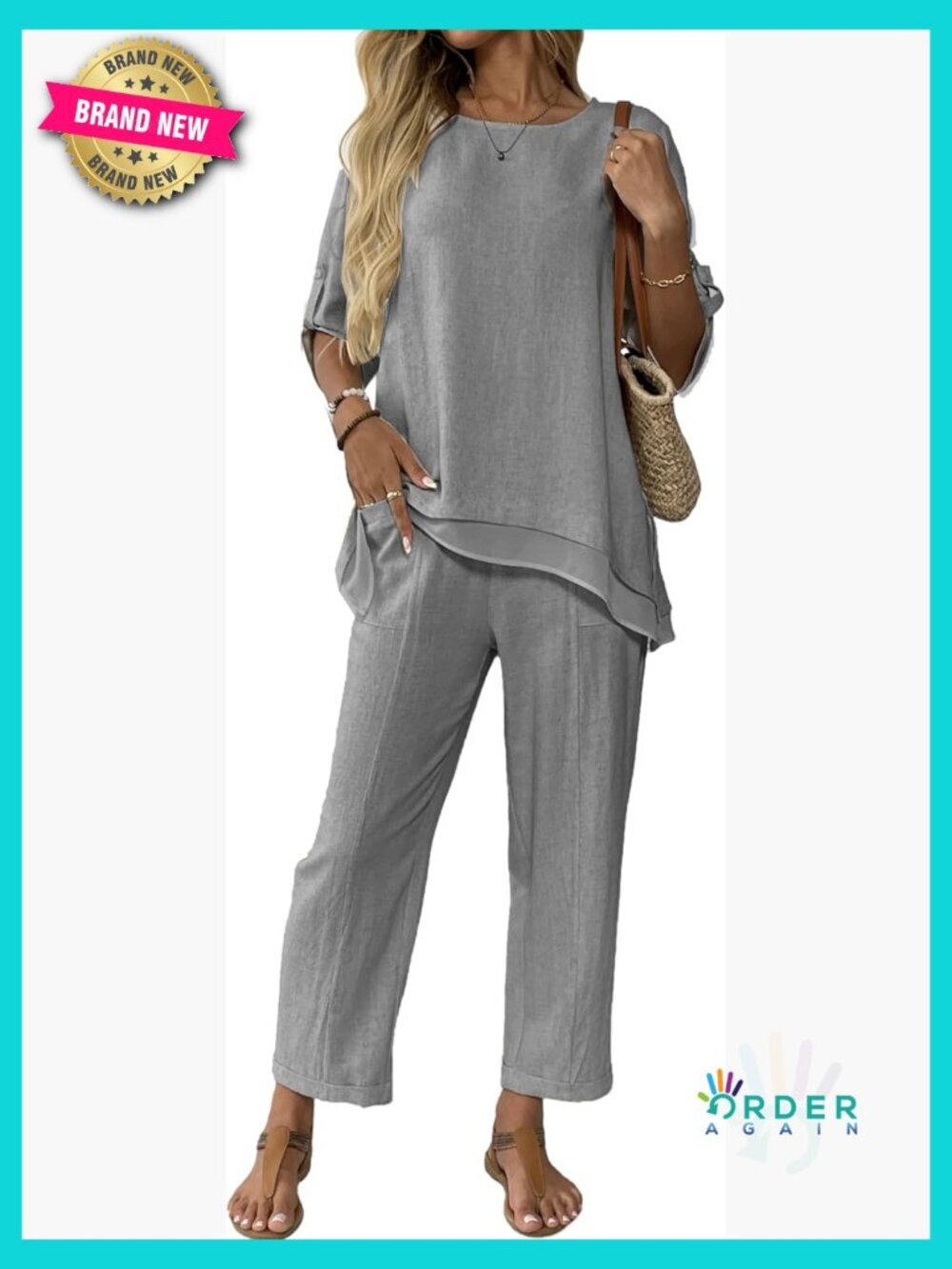 Linen Blend 2 Piece Outfit 3/4 Sleeve Top Capri Pants Set Lounge Summer Travel
